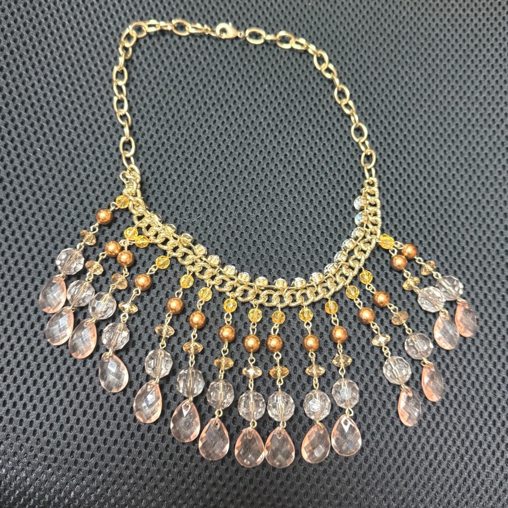 Gold Tone Statement Necklace Pink Crystal Teardrop Rhinestone Fringe Bib 17.5in